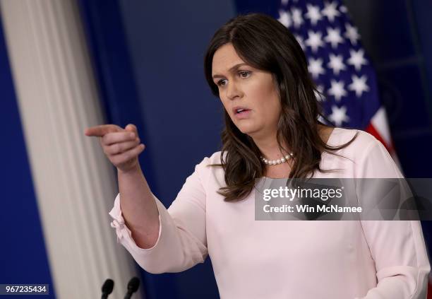 White House press secretary Sarah Huckabee Sanders answers questions during the daily briefing at the White House June 4, 2018 in Washington, DC....