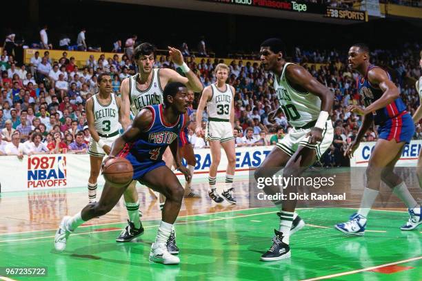 Joe Dumars of the Detroit Pistons handles the ball against the Boston Celtics circa 1986 at the Boston Garden in Boston, Massachusetts. NOTE TO USER:...