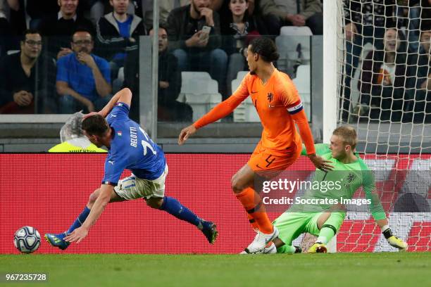 Andrea Belotti of Italy, Virgil van Dijk of Holland, Jasper Cillessen of Holland during the International Friendly match between Italy v Holland at...