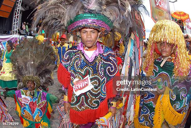 Revellers participate of the Encontro de Maracatu in Nazaré da Mata on February 15, 2010 in Pernambuco, Brazil.