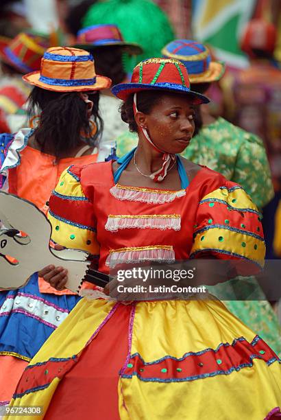 Revellers participate of the Encontro de Maracatu in Nazaré da Mata on February 15, 2010 in Pernambuco, Brazil.