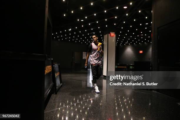 Jordan Clarkson of the Cleveland Cavaliers arrives to the arena prior to Game Seven of the Eastern Conference Finals of the 2018 NBA Playoffs against...