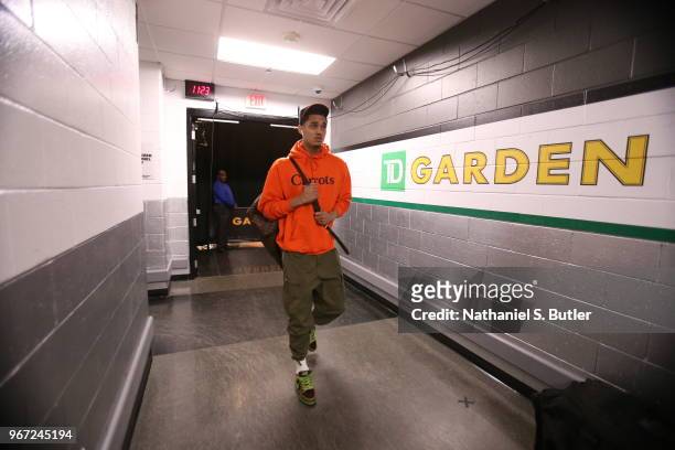 Jordan Clarkson of the Cleveland Cavaliers arrives to the arena prior to Game Seven of the Eastern Conference Finals of the 2018 NBA Playoffs against...