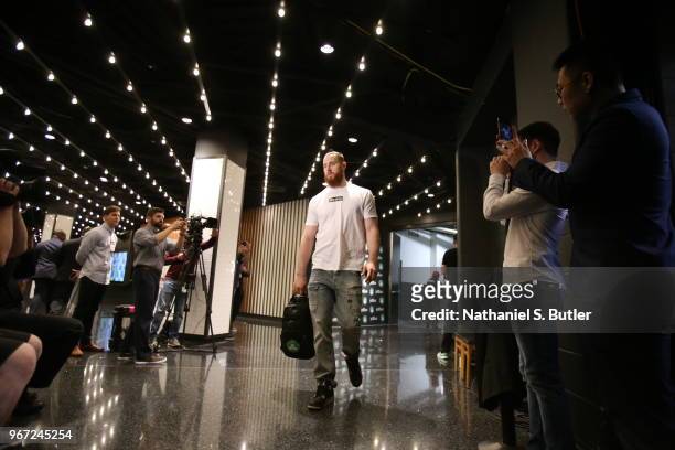 Aron Baynes of the Boston Celtics arrives to the arena prior to Game Seven of the Eastern Conference Finals of the 2018 NBA Playoffs against the...