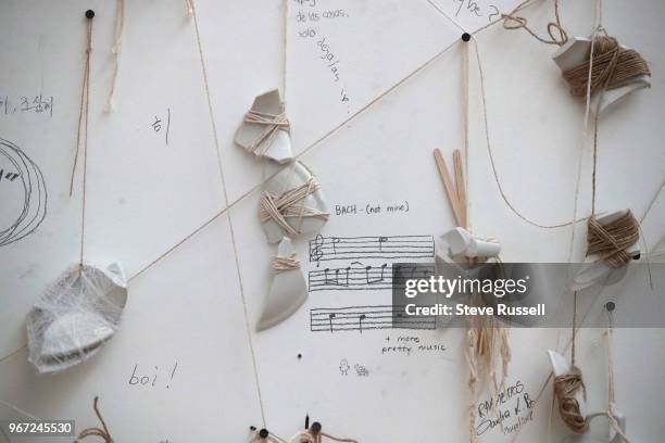 Line and Mend Pieces create a web on string on the walls and about four feet off the ground. The lines are the string that hangs with pieces of cups...