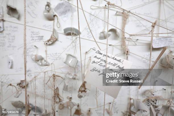 Line and Mend Pieces create a web on string on the walls and about four feet off the ground. The lines are the string that hangs with pieces of cups...