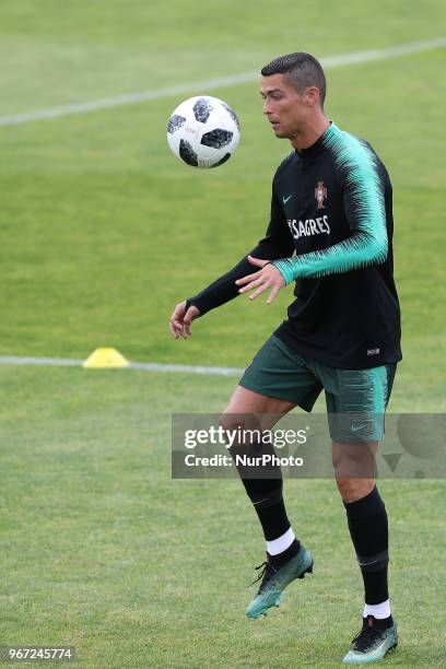 Portugal's forward Cristiano Ronaldo in action during a training session at Cidade do Futebol training camp in Oeiras, outskirts of Lisbon, on June 4...