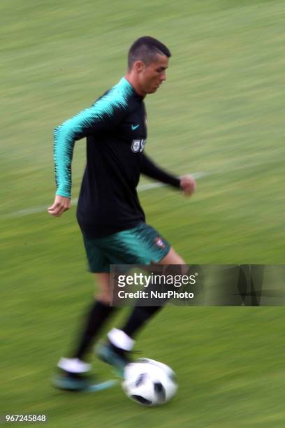 Portugal's forward Cristiano Ronaldo in action during a training session at Cidade do Futebol training camp in Oeiras, outskirts of Lisbon, on June 4...