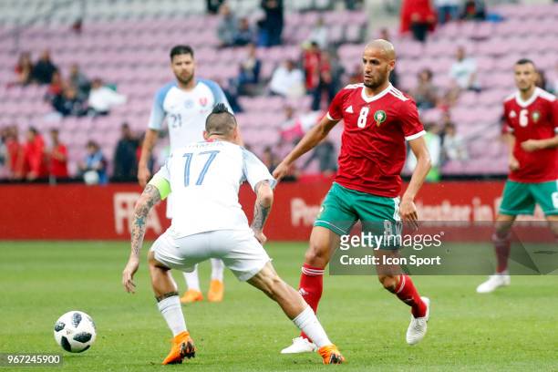 Karim El Ahmadi Aroussi of Morocco and Marek Hamsik of Slovakia during the International Friendly match between Morocco v Slovakia at on June 4, 2018...