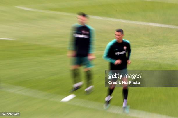 Portugal's forward Cristiano Ronaldo in action during a training session at Cidade do Futebol training camp in Oeiras, outskirts of Lisbon, on June 4...