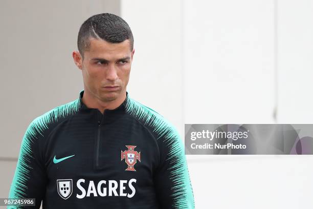 Portugal's forward Cristiano Ronaldo looks on during a training session at Cidade do Futebol training camp in Oeiras, outskirts of Lisbon, on June 4...