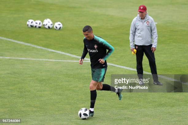Portugal's forward Cristiano Ronaldo in action during a training session at Cidade do Futebol training camp in Oeiras, outskirts of Lisbon, on June 4...