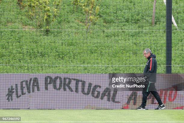 Portugal's head coach Fernando Santos during a training session at Cidade do Futebol training camp in Oeiras, outskirts of Lisbon, on June 4 ahead of...