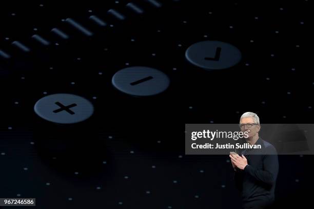 Apple CEO Tim Cook speaks during the 2018 Apple Worldwide Developer Conference at the San Jose Convention Center on June 4, 2018 in San Jose,...