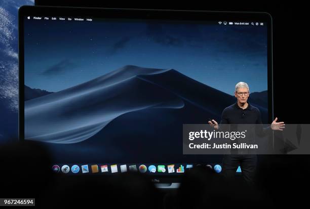 Apple CEO Tim Cook speaks during the 2018 Apple Worldwide Developer Conference at the San Jose Convention Center on June 4, 2018 in San Jose,...