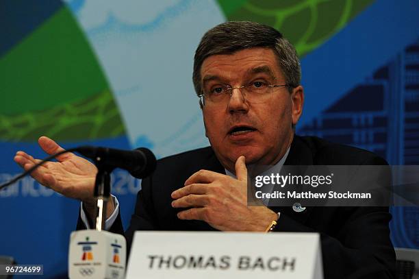 Thomas Bach the IOC Vice President speaks during a new conference for the 2018 Munich Olympic bid committee in the Main Press Centre during day four...