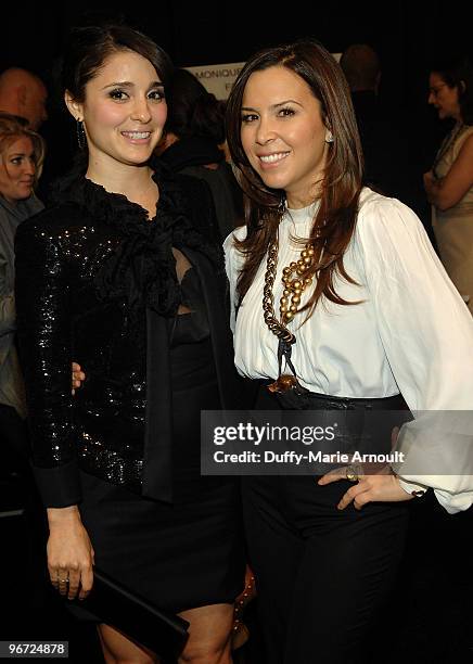 Shiri Appleby and designer Monique Lhuillier attend Monique Lhuillier Fall 2010 during Mercedes-Benz Fashion Week at Bryant Park on February 15, 2010...