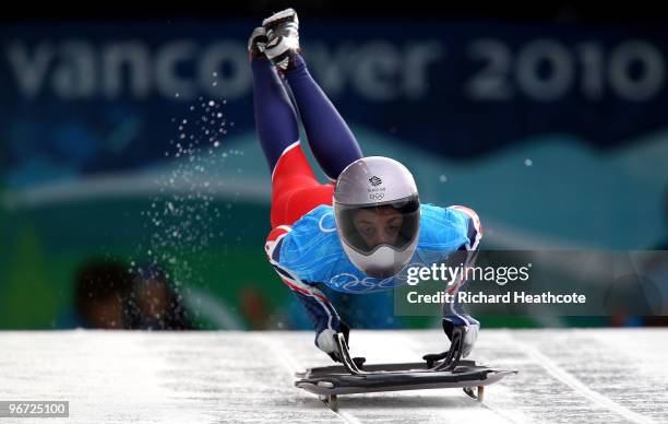 Shelley Rudman of Great Britain and Northern Ireland competes in the women's skeleton training on day 4 of the 2010 Winter Olympics at Whistler...