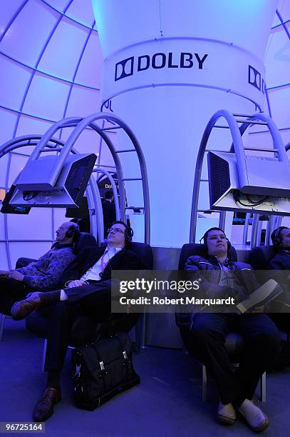 The Dolby booth displays products at the 2010 Mobile World Congress on February 15, 2010 in Barcelona, Spain.