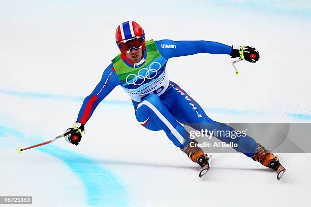 Adrien Theaux of France competes during the Alpine skiing Men's Downhill at Whistler Creekside during the Vancouver 2010 Winter Olympics on February...