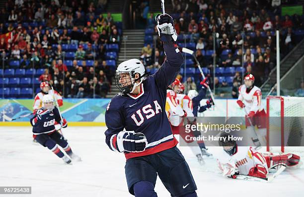 Angela Ruggiero of United States celebrates after scoring against China during their women's ice hockey preliminary game at UBC Thunderbird Arena on...
