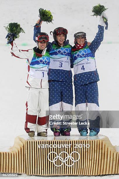 Silver medalist Jannifer Heil of Canada, gold medalist Hannah Kearney of the United States and bronze medalist Shannon Bahrke of the United States...