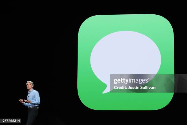 Apple's senior vice president of Software Engineering Craig Federighi speaks during the 2018 Apple Worldwide Developer Conference at the San Jose...
