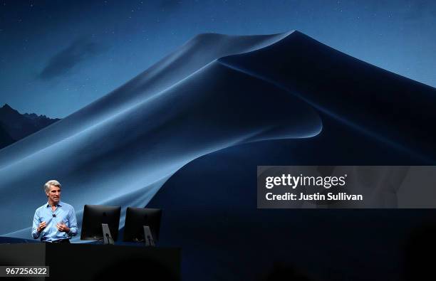 Apple's senior vice president of Software Engineering Craig Federighi speaks during the 2018 Apple Worldwide Developer Conference at the San Jose...