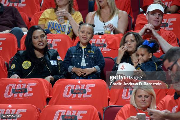 Stephen Curry of the Golden State Warriors Wife Ayesha Curry and family looks on during Game Seven of the Western Conference Finals of the 2018 NBA...