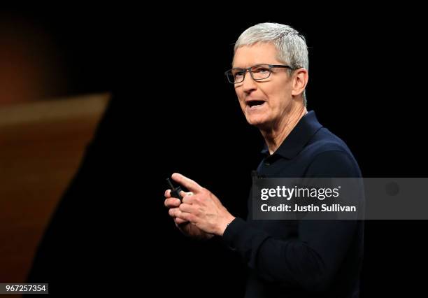 Apple CEO Tim Cook speaks during the 2018 Apple Worldwide Developer Conference at the San Jose Convention Center on June 4, 2018 in San Jose,...