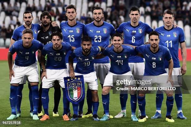 Italy's national team players defender Domenico Criscito, midfielder Simone Verdi, forward Lorenzo Insigne, midfielder Jorginho, midfielder Giacomo...