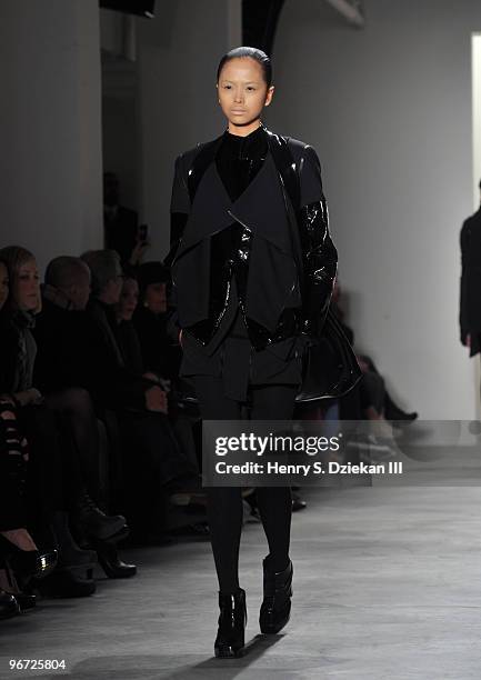 Model walks the runway at the runway at the Rad Hourani Fall/Winter 2010 fashion show at Milk Studios on February 15, 2010 in New York City.