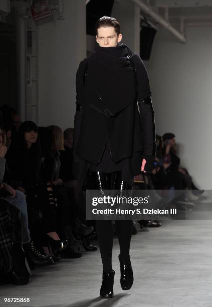 Model walks the runway at the runway at the Rad Hourani Fall/Winter 2010 fashion show at Milk Studios on February 15, 2010 in New York City.