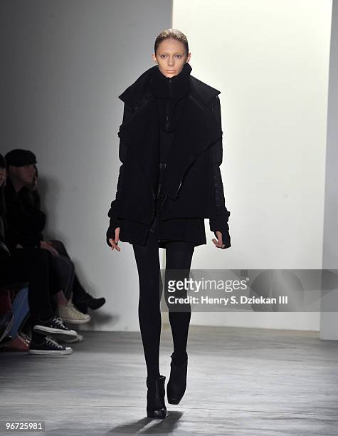 Model walks the runway at the runway at the Rad Hourani Fall/Winter 2010 fashion show at Milk Studios on February 15, 2010 in New York City.