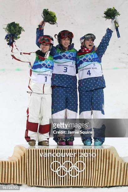 Silver medalist Jannifer Heil of Canada, gold medalist Hannah Kearney of the United States and bronze medalist Shannon Bahrke of the United States...