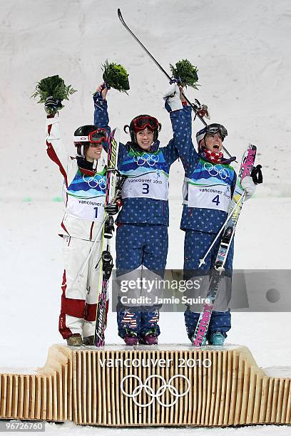 Silver medalist Jannifer Heil of Canada, gold medalist Hannah Kearney of the United States and bronze medalist Shannon Bahrke of the United States...