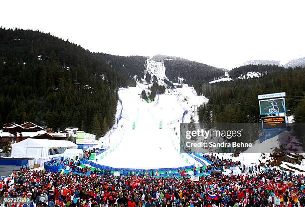 General view of the finish area during the Alpine skiing Men's Downhill at Whistler Creekside during the Vancouver 2010 Winter Olympics on February...