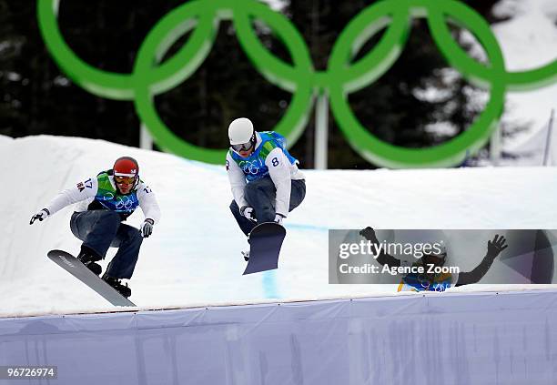 Seth Westcott of the USA takes 1st place during the Men's Snowboard Cross on Day 4 of the 2010 Vancouver Winter Olympic Games on February 15, 2010 in...