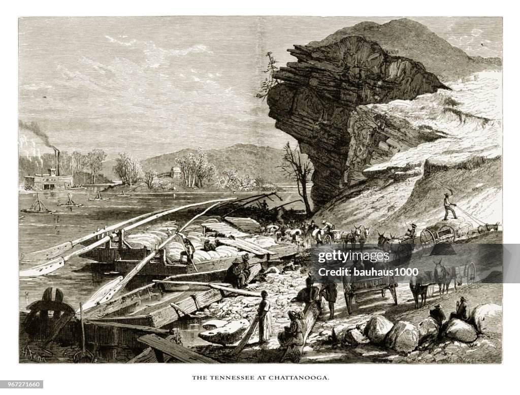 Tennessee River at Chatanooga, Tennessee, United States, American Victorian Engraving, 1872