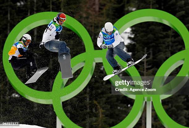 Seth Wescott of the USA takes 1st place during the Men's Snowboard Cross on Day 4 of the 2010 Vancouver Winter Olympic Games on February 15, 2010 in...