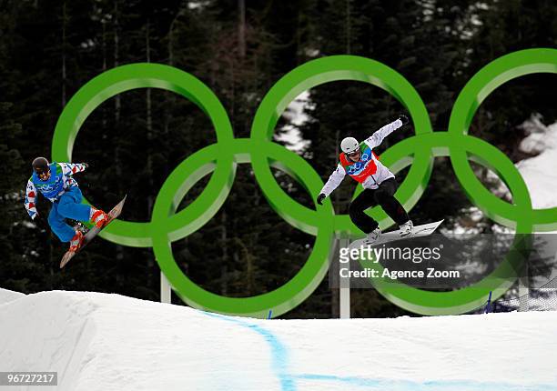 Mike Robertson of Canada takes 2nd place,Tony Ramoin of France takes 3rd place during the Men's Snowboard Cross on Day 4 of the 2010 Vancouver Winter...