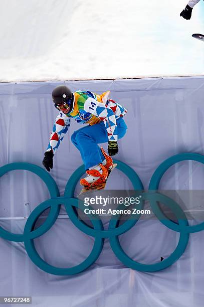 Tony Ramoin of France takes 3rd place during the Men's Snowboard Cross on Day 4 of the 2010 Vancouver Winter Olympic Games on February 15, 2010 in...