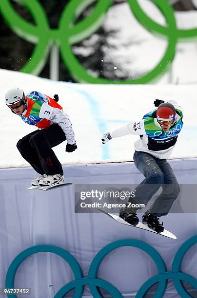 Seth Wescott of the USA takes 1st place, Mike Robertson of Canada takes 2nd place during the Men's Snowboard Cross on Day 4 of the 2010 Vancouver...