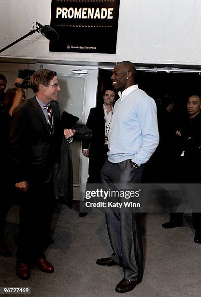 Player Terrell Owens of the Buffalo Bills speaks backstage at Mercedes-Benz Fashion Week at Bryant Park on February 15, 2010 in New York City.