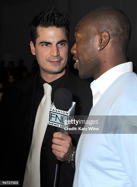 Player Terrell Owens of the Buffalo Bills speaks backstage at Mercedes-Benz Fashion Week at Bryant Park on February 15, 2010 in New York City.