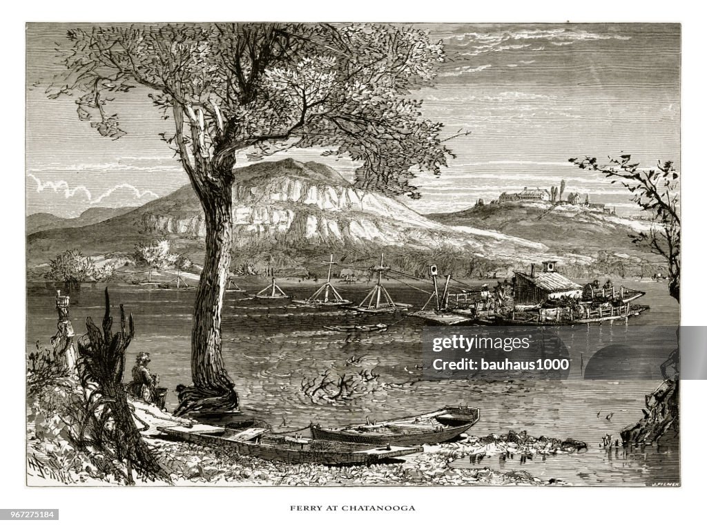 Ferry at Chatanooga on the Tennessee River, Tennessee, United States, American Victorian Engraving, 1872