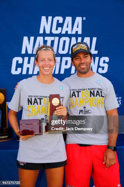 Head coach Avi Kigel and Judith Bohnenkamp of Barry University celebrate during the Division II Women's Tennis Championship held at the Surprise...