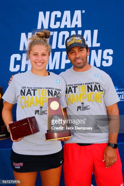 Head coach Avi Kigel and Sonja Larsen of Barry University celebrate during the Division II Women's Tennis Championship held at the Surprise Tennis &...