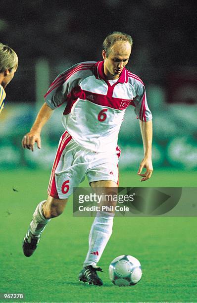 Abdullah Ercan of Turkey on the ball during the FIFA 2002 World Cup Qualifier against Sweden played at the Ali Sami Yen Stadium in Istanbul, Turkey....