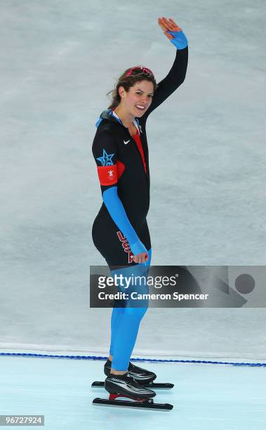 Nancy Swider-Peltz Jr. Of United States reacts after competing in the Speed Skating Ladies' 3,000m on day 3 of the Vancouver 2010 Winter Olympics at...